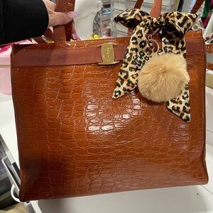 Salvatore Ferragamo Tan Crocodile-Embossed Tote